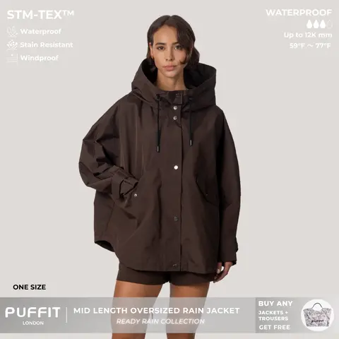 PUFFIT STM-TEX Mid Length One size Oversized Rain Jacket with Adjustable Hem,Loose Fit,Autumn Hooded Jacket,Waterproof Jacket,Lightweight,Wide-Brim Hood,Adjustable Cuffs,Outdoor,Windbreaker,Shopping,Dog Walking,School Running,Football Mum,2026