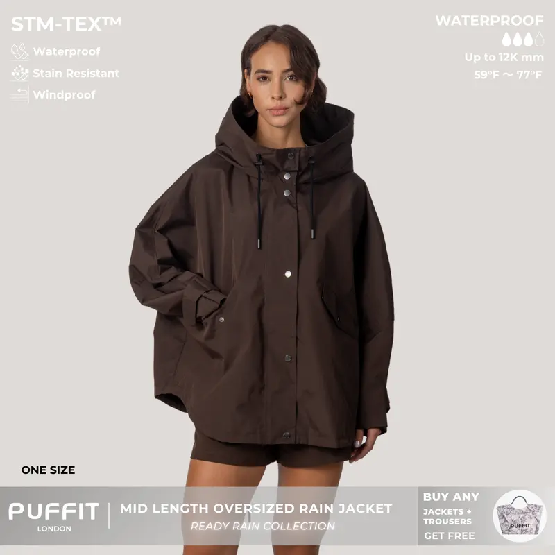 PUFFIT STM-TEX Mid Length One size Oversized Rain Jacket with Adjustable Hem,Loose Fit,Autumn Hooded Jacket,Waterproof Jacket,Lightweight,Wide-Brim Hood,Adjustable Cuffs,Outdoor,Windbreaker,Shopping,Dog Walking,School Running,Football Mum,2026