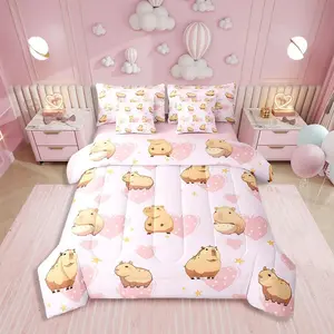 Girls Love Heart Bedding Set,7 Piece Bed in A Bag Capybara Comforter Set for Kids Teens Super Soft All Season for Bedroom,Cute Animal Reversible Bed Sets