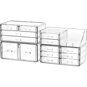 Make Up Organizers for  With 14 Drawers, 4 Pack Clear Drawer Organizers,Plastic Cute Desk Accessories Organization and Bathroom Organizers Storage Case Box Cube for Beauty, Care