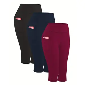 3pcs High-Waisted Side Pocket 7-Inch Yoga Leggings - Stretchy Black and Gray, Perfect for Sports and Fitness, Yoga Apparel |   High Waist Leggings |   Comfortable Fit, Yoga Pants