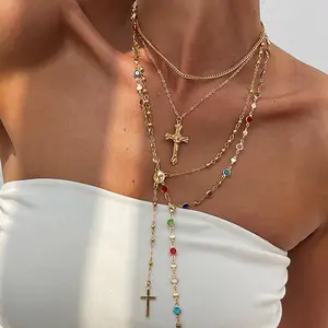 Rosary Style Layered Cross Necklace | Colorful CZ Gold Plated Alloy - Perfect for Bohemian Festival & Vacation