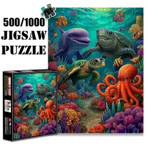 1pc 1000 piece adult puzzle 70x50cm Dolphin, Turtles, Octopus and Colorful Reef Fish in Underwater Scene 500 pieces of paper jigsaw puzzle, suitable for adults and families, large-scale DIY puzzle