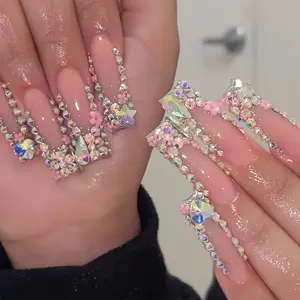 Luxury Rhinestone Press-On Nails Kit, 24PCS Long Square Reusable Glossy Y2K Heavy Bling Acrylic Fake Nails with French Tip for Party & Night Out