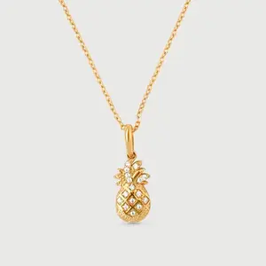 Mini Pineapple Necklace in Solid 14k Gold with Twinkling Crystals Symbolizing Warmth Friendship and Fertility