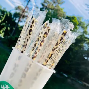 Leopard reusable 9” plastic straw with rim stopper - individually packaged.  Pack of 10