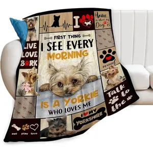 Funny Dog Blanket Soft Warm Cute Kawaii Yorkshire Terrier Dog Plush Throw Blanket Cozy Lightweight Flannel Bedding Decor Flannel Blanket Gifts for Girls Boys Kids Women