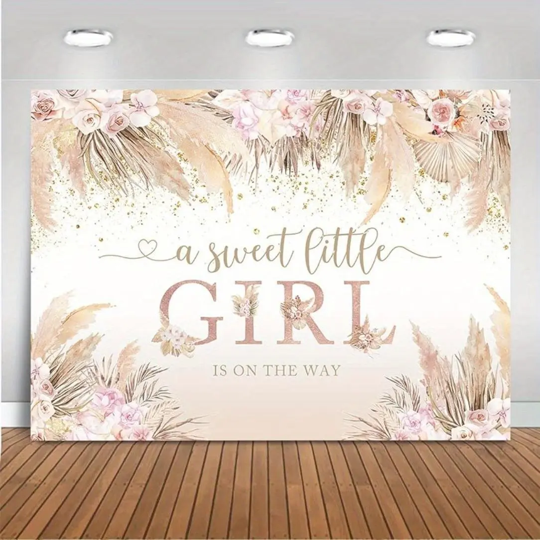 Flower & Letter Pattern Baby Shower Backdrop, Wedding Party Backdrop, 1 Count  Sweet Little Girl Is on The Way Party Cake Table Decorations, Photo Booth Background, Party Decorations Banners, Polyester Backdrop Banner, Party Decoration Supplies