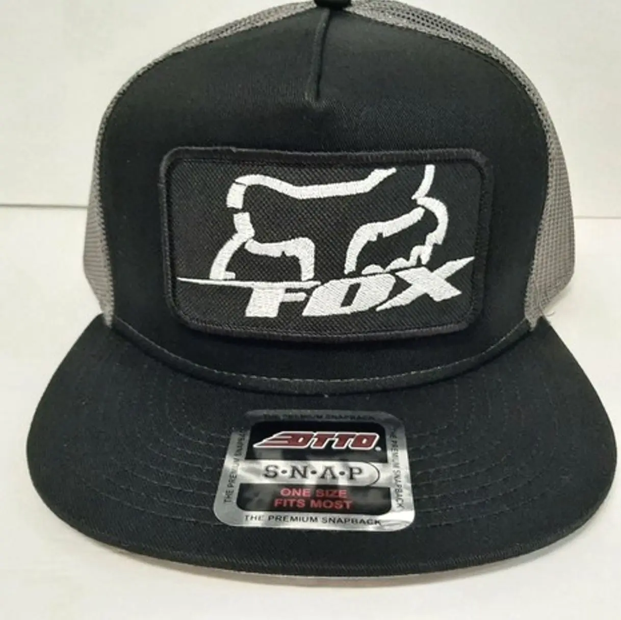 Fox Otto Embroidered Patch Flat Bill Mesh Snapback Baseball Cap Hat Black