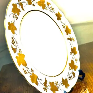 Rare Vintage Magna Sango China Dinner Plate Made in Japan Luxury Fine Porcelain 10.5” Large Round Tray Gold Leaf Embossed Grapes Pattern Scalloped Edge Gold Trim Collectible Art Tableware Elegant Home Decor Housewarming Gift Grandmillennial Style Art