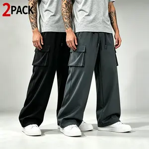 Men's 2-Pack Aesthetic Elegant Casual Cargo Pants, Plain Mid-Waist Menswear Clothes with Zippered Pockets, Drawstring Design, Loose Straight-Leg, American Retro Street Style Summer Bottoms