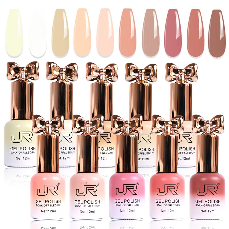 JR 10-Piece HEMA-Free Nude Gel Nail Polish Assortment Kit (12ml) - Blush Pink,Baby Pink,Brown Pigment Tones,Long-Lasting Soak-Off UV LED Varnish,Nail Care,Easy Art,Coquette Aesthetic,Glossy Salon Supplies,Formal Use,Gift,Lamp-Required, Blush Pink Gel Nail