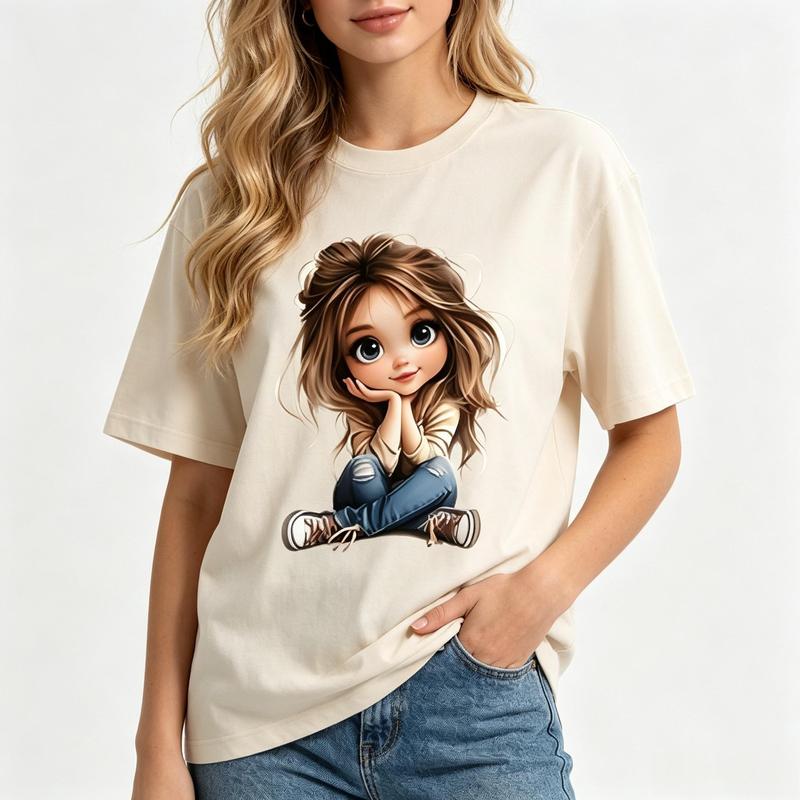 Women's Pure Cotton Crew Neck T-Shirt - Breathable, Cartoon Girl Graphic, Loose-Fit, Short-Sleeve, Cream Oversized, Y2K Aesthetic Streetwear, Summer Casual Top