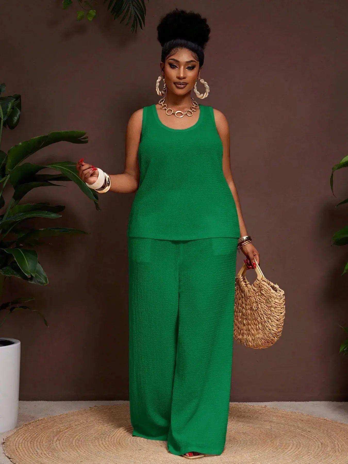 Plus Size Women's Retro Western Tropical Music Festival Theme Travel Outfits, Club Road Trip, Casual Streetwear, City Vacation, Graduation Date, Elegant Resort Chic Sleeveless 2-Piece Set, Event Ready, Top Quality