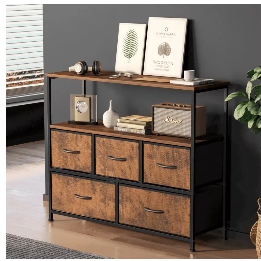 TV Stand, Entertainment Center Dresser with 5 Fabric Drawers with Open Storage Shelf for Bedroom Living Room Hallway, Rustic Brown