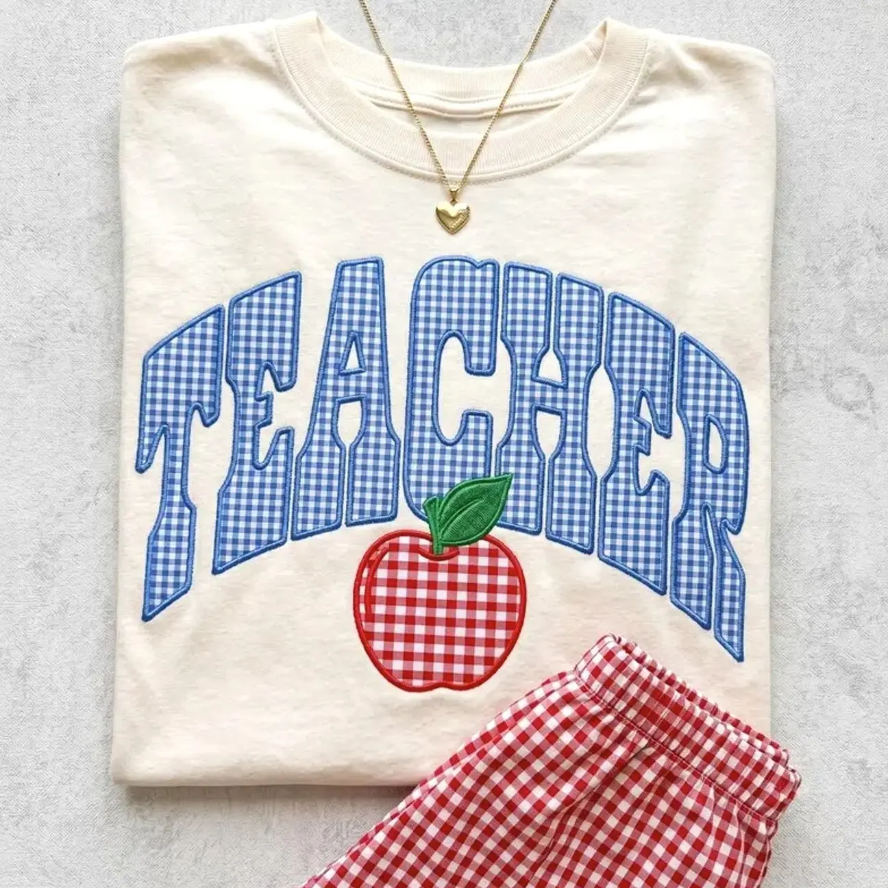 Printed Teacher T-Shirt, Plaid Teacher T-Shirt, Apple Patch Short Sleeve, Back to School Teacher Gift, Preppy Style Teacher Short Sleeve (Non-Embroidered Version)