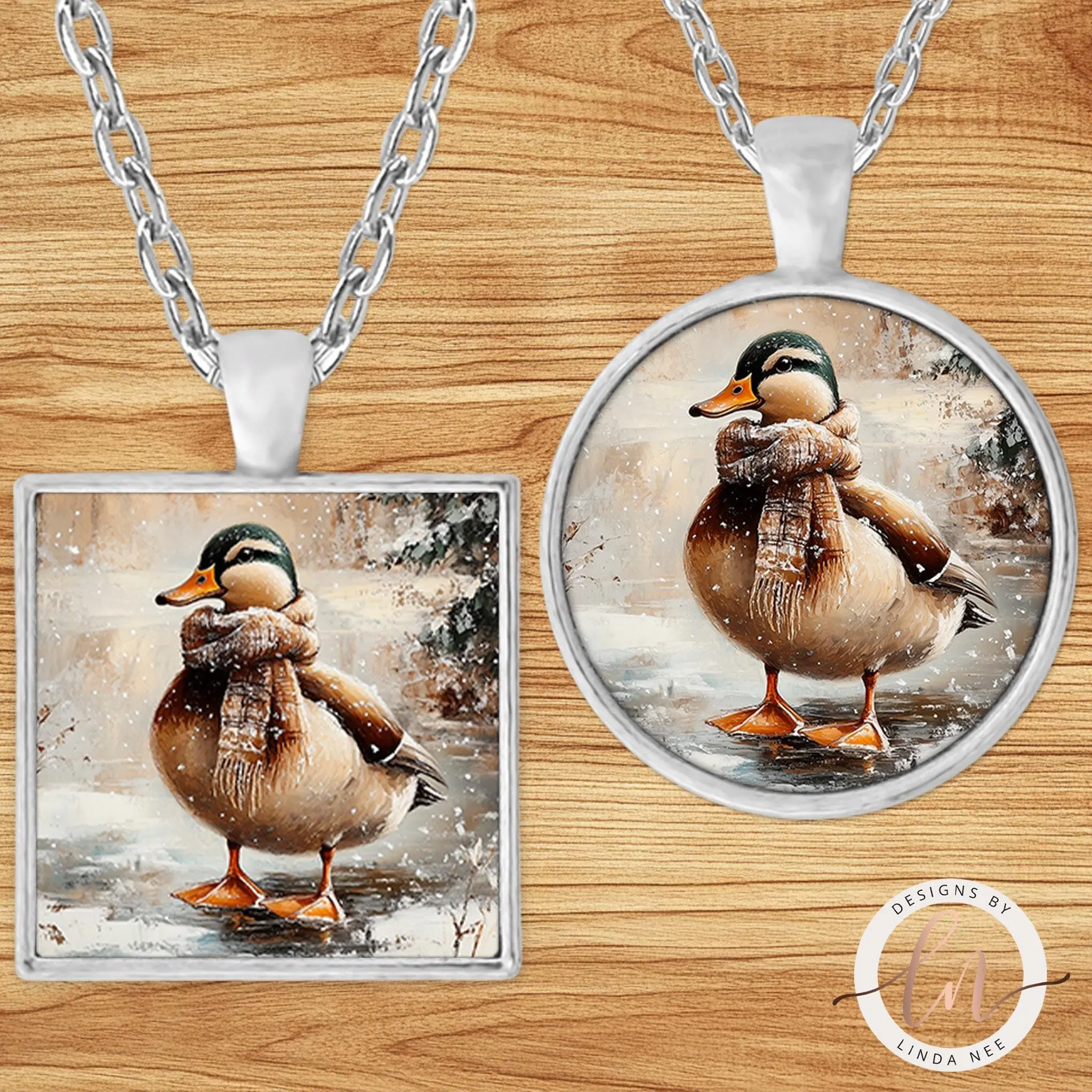 Duck in Plaid Scarf Pendant Necklace