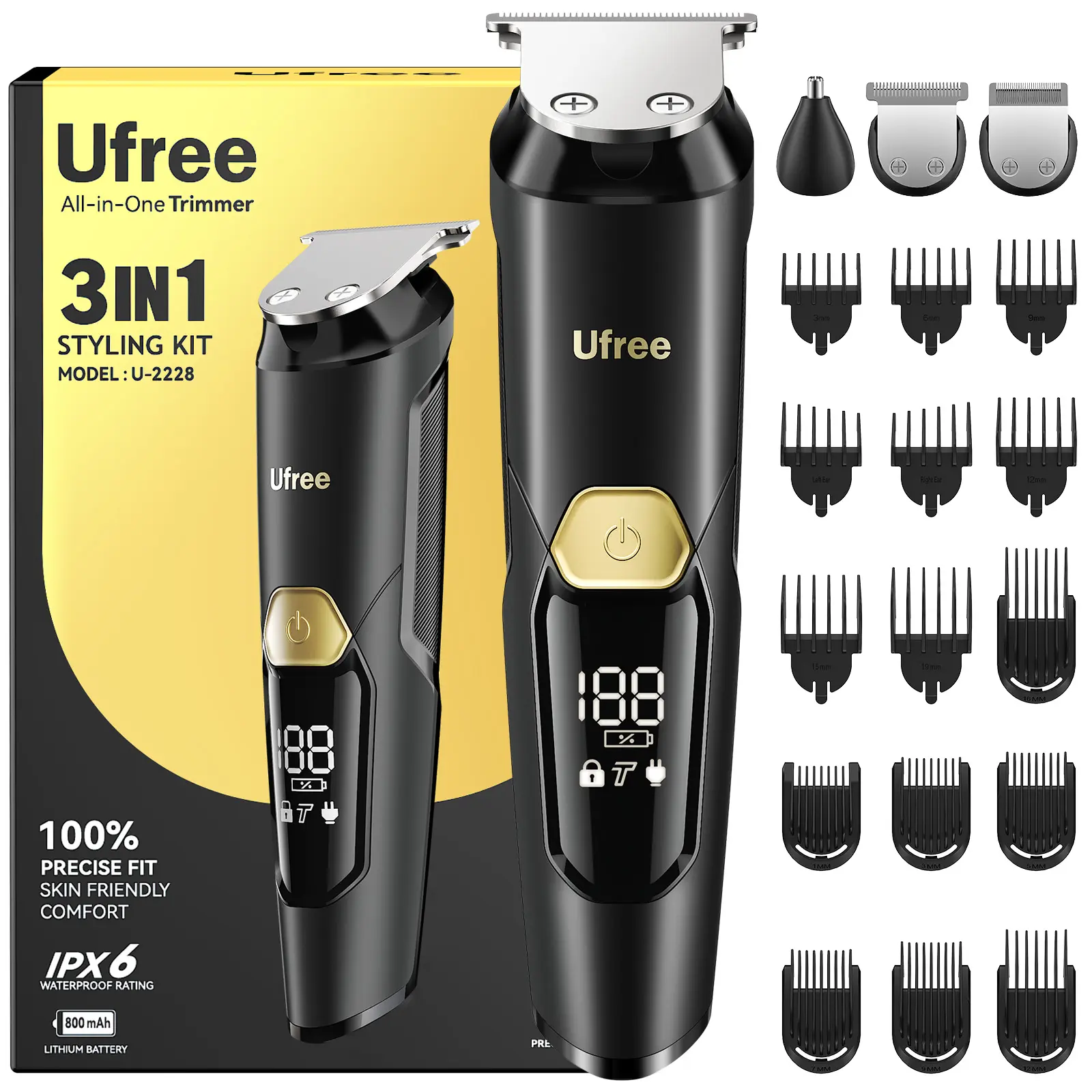 Ufree 3-in-1 Rechargeable Beard Trimmer Set for Men - IPX6 Waterproof Shaving Head, Wireless Haircut Tool, USB Fade Clipper, Type-C Body Grooming Kit, Valentine Gifts