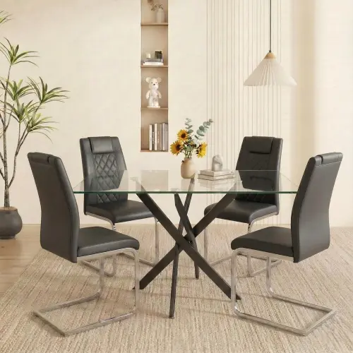 Black + Glass+Metal + PU Leather + Dining Room