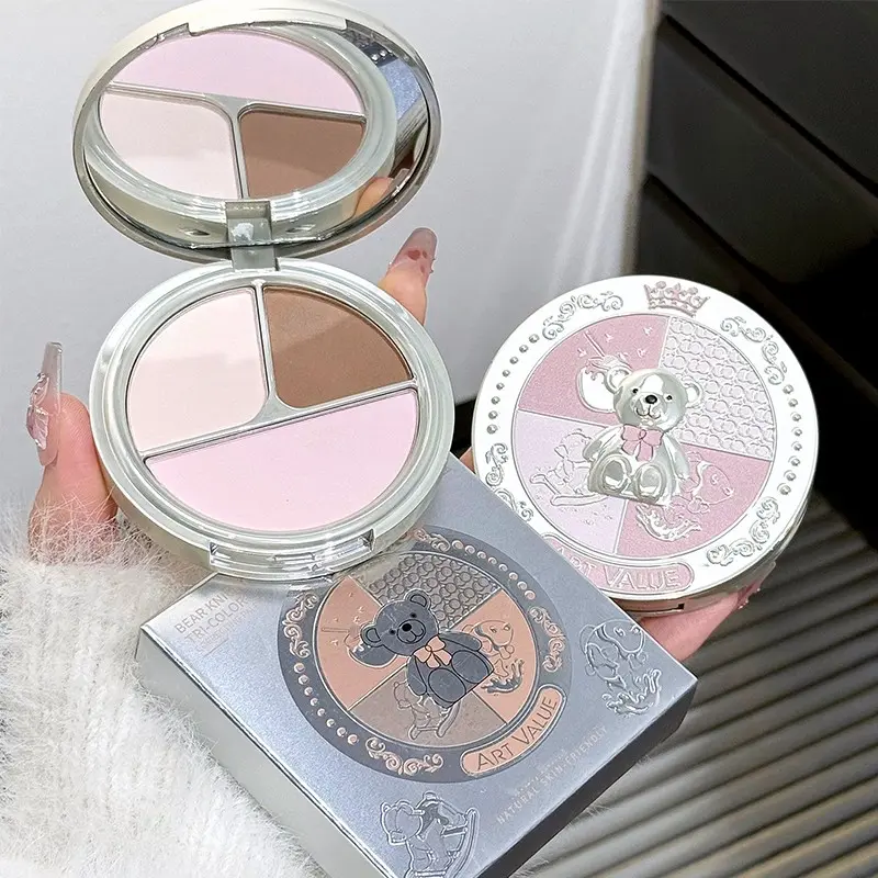 Bear Knight Three-Color Contour Compact Palette, Matte Highlight Shadow Blush, Multi-Layer Stacking, No Powder Clogging, Sculpting Makeup, Cheek Palette, Glam Face Palette