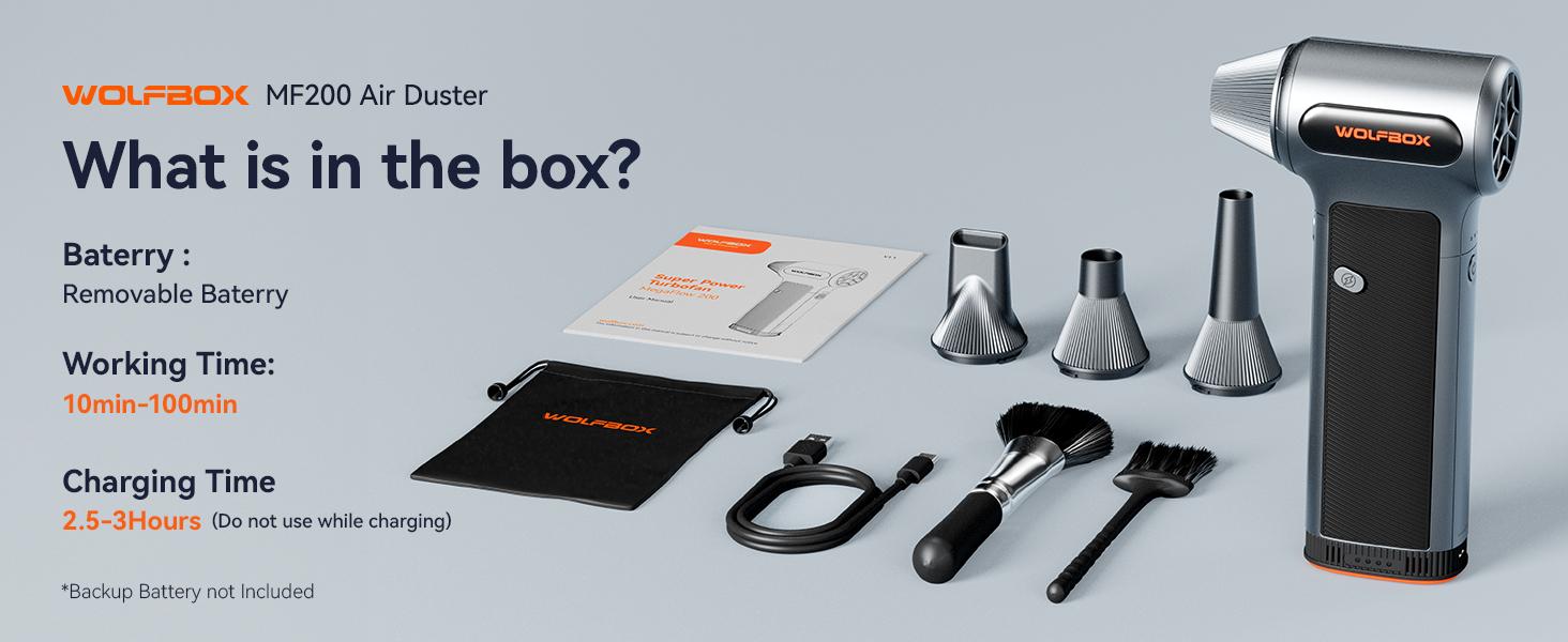 WOLFBOX MF200 Electric Air Duster with Removable Battery, Super Power Cordless Blower - 3-Speed Adjustable, Long Life Mini Air Duster with 4 Nozzles for Computer Keyboard, Car Cleaning, Outdoor Use TikTokShopHolidayHaul