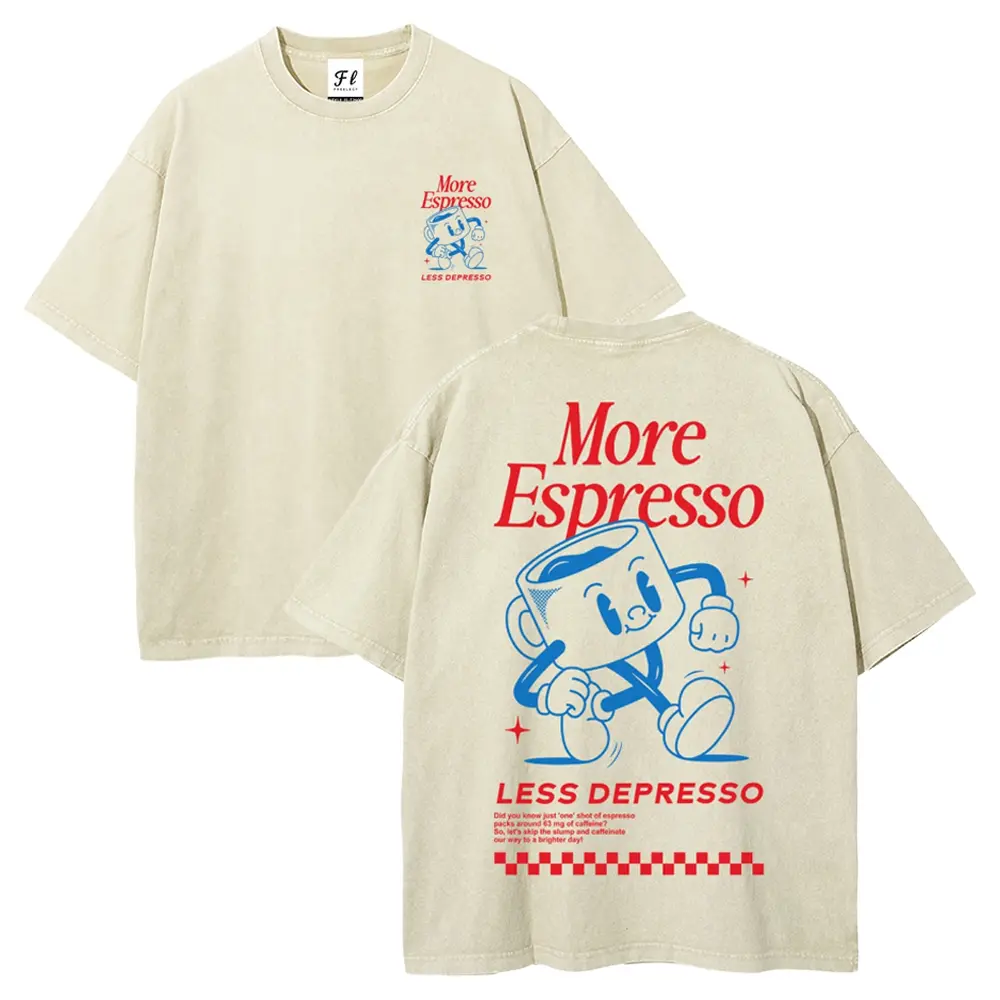 Men's Oversized Washed Batik Cotton T-Shirt - Contrasting Color "More Espresso Less Depresso" Print, S-5XL Plus Size Curvy Clothing, Super Soft Pre-Shrunk, Unisex Vintage Streetwear, Oversized Tshirt Women Compatible, Plus Size Clothes, Vintage T Shirts,,