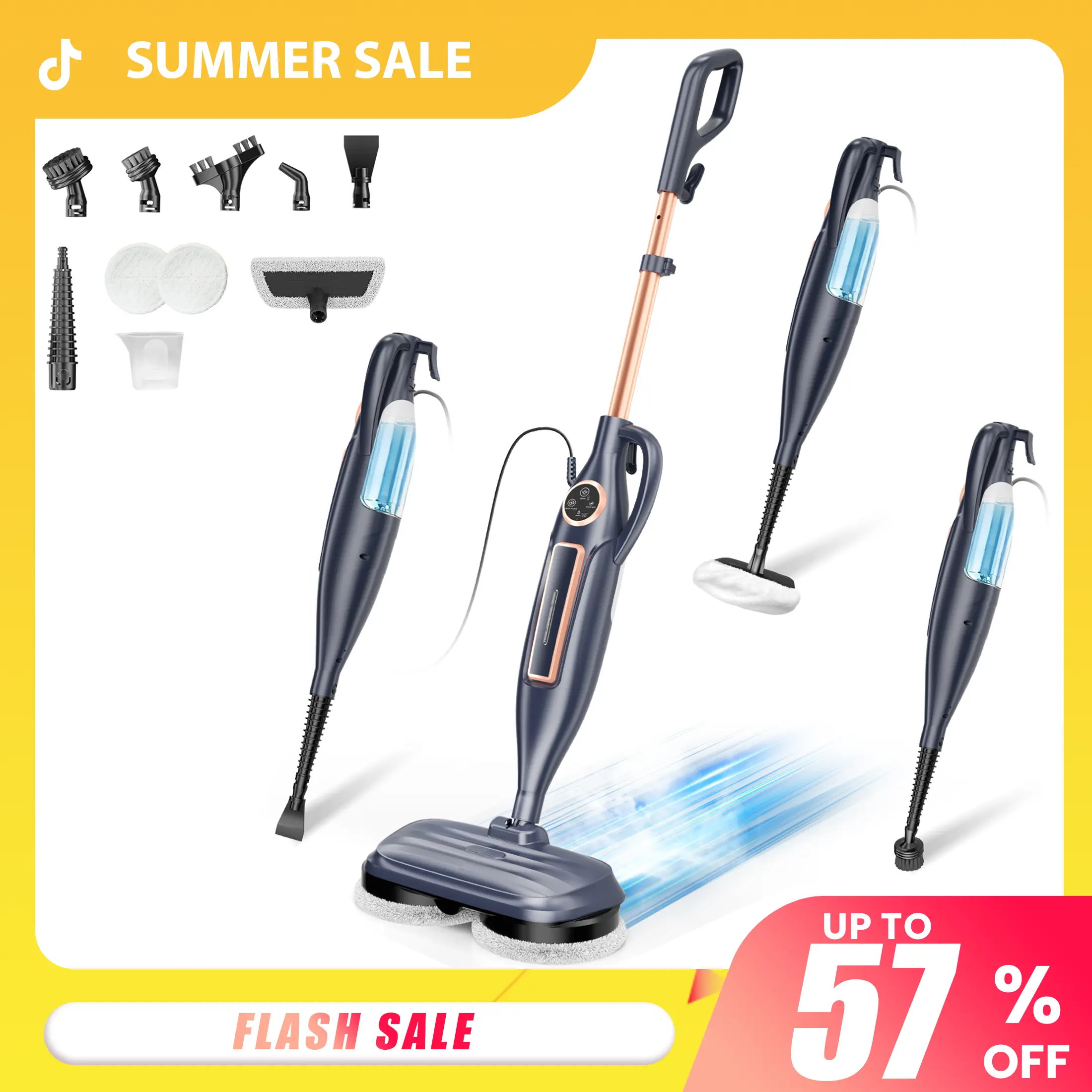 [SummerSale]DEVOAC Fregona a vapor con discos rotatorios – Modelo 10 en 1, mopa ligera con giro exprimidor y 3 niveles de vapor, ideal para pisos de madera, laminado y mármol.