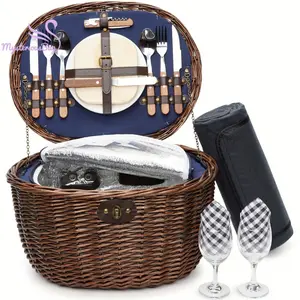 Bags&suitcases Basket for 2 Persons, Natural Wicker Picnic Hamper with Service Set and Insulated Cooler Bag - Best Gifts for Father Mother