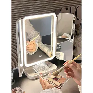 20261pc Three-Fold LED Makeup Mirror, Desktop Vanity Makeup Mirror With 3x/2x/1x Magnification,Portable HD Vanity Mirror Brightness Adjustment Folding Vanity Mirror With Stand & 3 Color Lighting, Foldable Tri-Fold Design, Rechargeable 4800mAh Battery, USB
