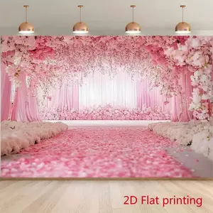 1PC,2D Flat Romantic Pink Wedding Door Banner, Cherry Blossom & Petal Aisle Scene Decoration, Festival Celebration Party Photography Backdrop, Proposal & Engagement Banquet Background Wall Hanging f