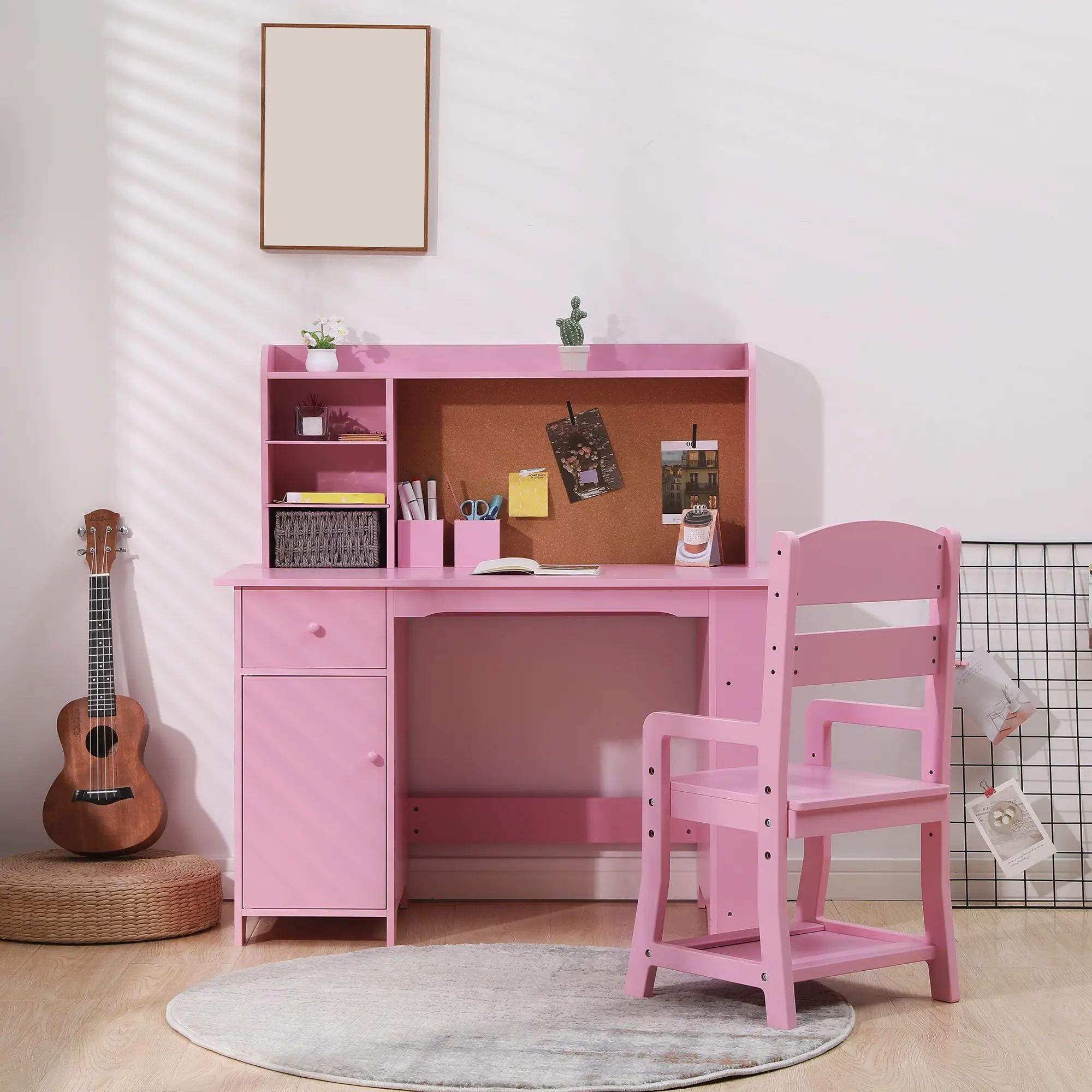 Wooden Kids Single-Seat Stationary Study Desk and Chair Set - 3-8 Ages Learning Furniture with Bookshelf, Cork Board, Cabinet, Drawer, Pen Holder, Display & Storage Options, Pink, Pen Holders