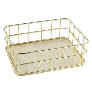 Nordic Light Luxury Electroplated Gold Iron Cosmetic Storage Box, Ins Style Nordic Gold Dormitory Desktop Sundries Organiser