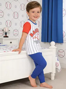 Boys' 2-Piece Baseball Sport Print Set, Spring & Fall Round Neck Short Sleeve Long Pants Casual Comfy Pajama Sleepwear, Comfortable Home Wear