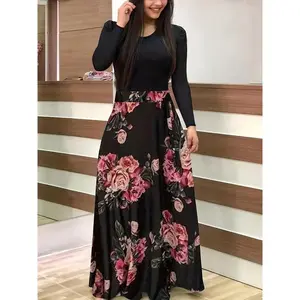 Plus Size Contrast Polka Dot Print Medium Stretch Maxi Dress, Women's Plus High Waist Elegant Long Dress