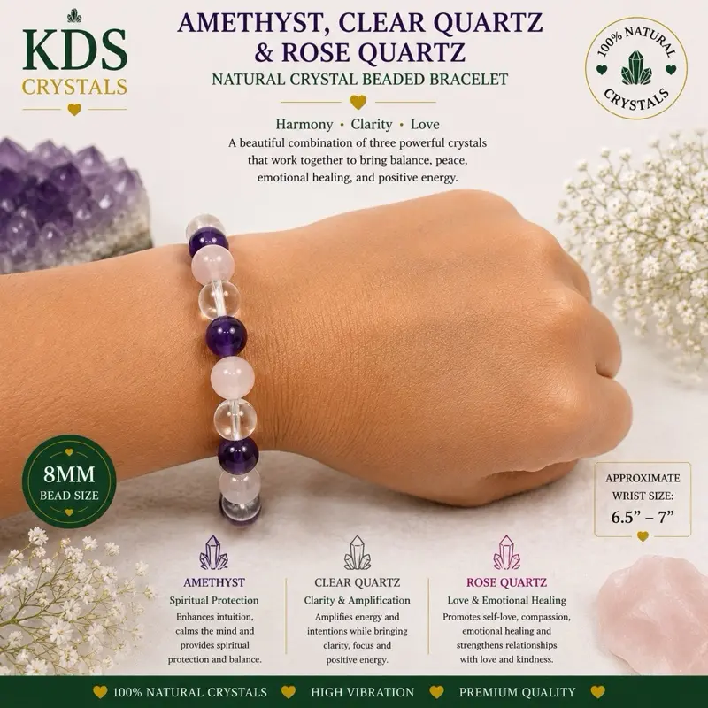 8mm Amethyst Clear Quartz Rose Quartz Natural Crystal Gemstone Bracelet | Stretch Beaded Bracelet | Crystal Jewelry Gift