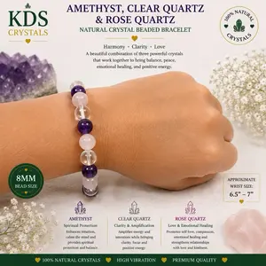 8mm Amethyst Clear Quartz Rose Quartz Natural Crystal Gemstone Bracelet | Stretch Beaded Bracelet | Crystal Jewelry Gift