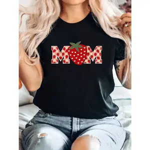Women's Fun Strawberry Mom Graphic T-Shirt - Casual crew neck, short sleeve, stretch fabric, machine washable. Summer spring top with cute strawberry & heart design, strawberry themed merchandise.