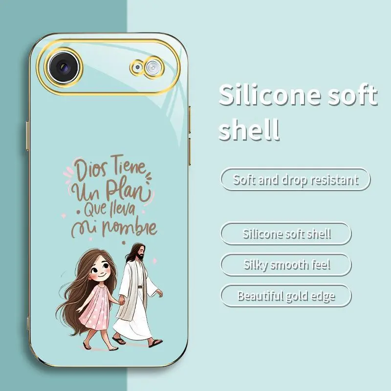 God Has a Plan Jesus Phone Case — Cute Spanish Christian Faith Gold-Edge Cover for iPhone 17/Air — 975