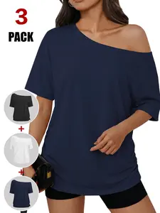 2026 Spring Summer Women's Off The Shoulder T-Shirt, Short Sleeve Casual Loose Fit Basic Tee, Soft Breathable Asymmetric Neckline Top for Daily & Party
