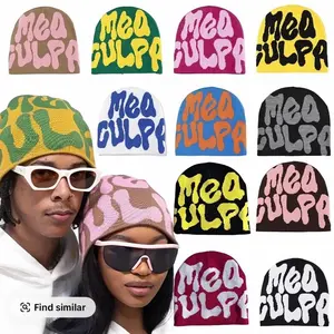 Mea Culpa Brand Colorful Knit Beanie with Bold Lettering Design for Men and Women