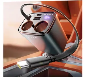 LISEN Car Cigarette Lighter Splitter, Metal 90W Dual Cigarette Lighter Adapter Metal with PD30W Retractable Car Charger, LED Voltage12V/24V Car Charger Splitter for iPhone 16, GPS, DashCam