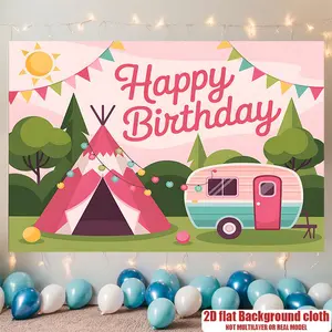 2D Flat, 1pc Banner with Camping Theme, Tent, Van & Bunting - Cute Party Decorations Suitable for Home, Room, Wall, Party Background - High-Definition Clear Printing on Durable Polyester Fabr