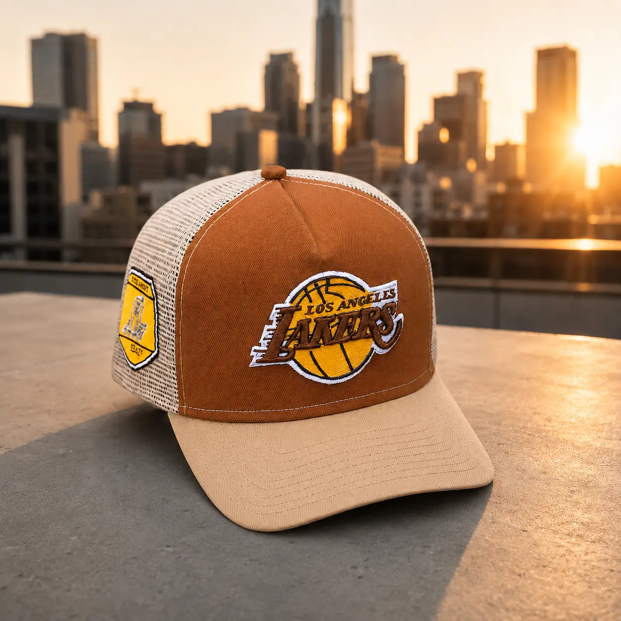 Los Angeles Lakers Trucker Hat Multi-Color Variant Grid | Mesh Back Side Patch Curved Brim Cap | Unisex Streetwear NBA Fan Apparel