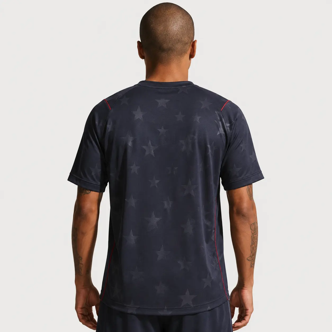 American-Inspired Navy Star Soccer Jersey – Unisex Short Sleeve Football Shirt with Red Trim, Abstract Tonal Pattern, Athletic Match Day Fan Top for Training, Sports Events, Casual Wear and Gifts