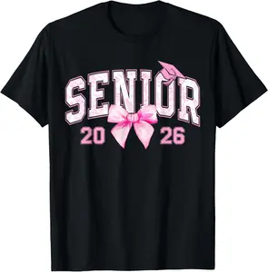 Senior 2026 Coquette Pink Bow Girls Class of 2026 Graduation Casual Short Sleeve Cotton T-Shirt