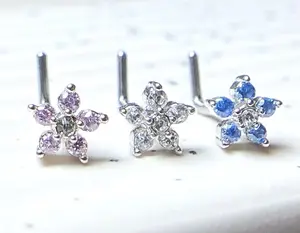 1pc Six CZ Gem Flower 20g L-Bend Nose Ring Stud Screw 316L Surgical Steel