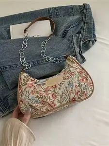 Women's Fashion Versatile Solid Color New Floral Print Shoulder Bag Casual Simple French Bag Small Square Bag Boho Style Crossbody