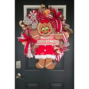 Whimsical Gingerbread Girl Christmas Wreath – Candy Cane Holiday Door Decor, Merry Christmas Mesh Wreath, Gingerbread Bakery Theme