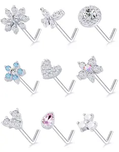 9Pcs/Set Nose Rings Stud L Bone Screw Shaped Nose Ring,Flower CZ Snowflake Butterfly Screw Nose Stud,Body Piercing Jewelry for Women Men,Christmas Party Gifts,Hand Tools Kits