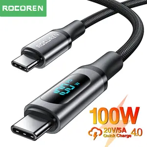Rocoren PD100W LED Display USB Type C to Type-C Cable 5A Quick Charge Fast Charging Charger for Xiaomi vivo oppo Samsung Data Cable Wire Cord Cellphone Smartphone